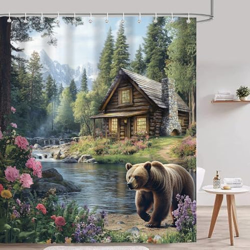 iTapnoom Rustic Bear Shower Curtains, Farmhouse Lake Country Lodge Cabin Fabric Shower Curtain for Bathroom, Camp Woodland Bathroom Accessories De...