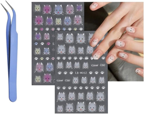 5D Embossed Nail Stickers with Tweezer,4 Sheets Nail Art Stickers Self-Adhesive Cute Cat Pattern Nail Stickers for Acrylic Nails Supplies for Wome...