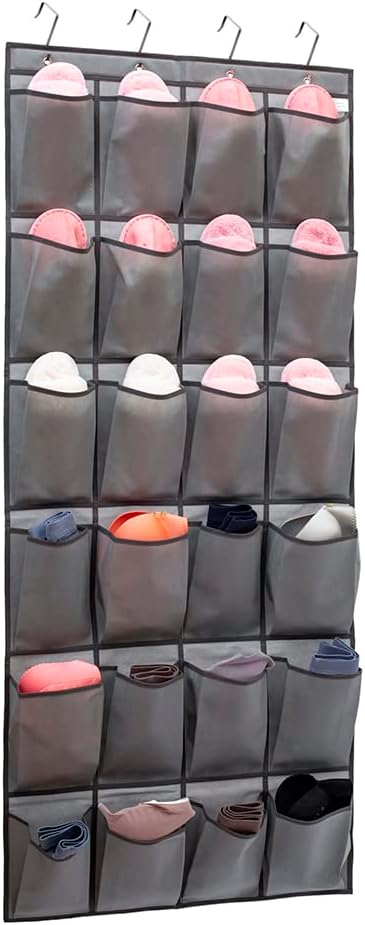 Over The Door Hanging Shoe Organizer Shoe Rack Hanger 24 Large Fabric Pockets Holder with 4 Sturdy Hooks (GREY)...