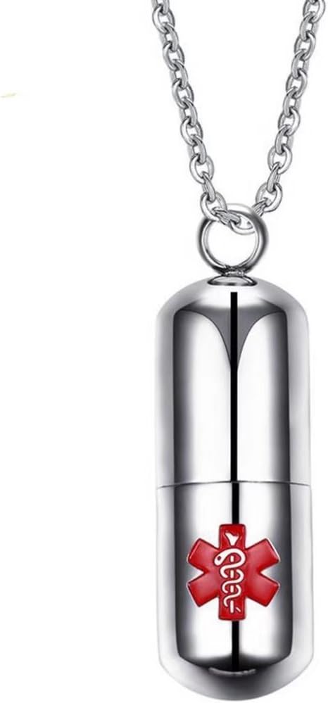 DIB Stainless Steel Medical Alert ID Pill Bottle Container Pendant Necklace for Men Women, Free Chain 20"...