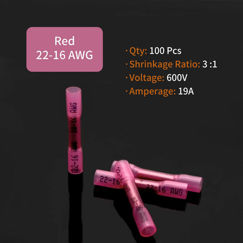 22-16 AWG Heat Shrink Butt Connectors - 100Pcs Red Crimp Waterproof Electrical Cable Wire Connector Speaker Automotive Marine Grade Wire Crimp Ter...