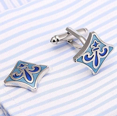 Blue Fleur de lis cufflinks Shield Shape Blue cuff links for men...