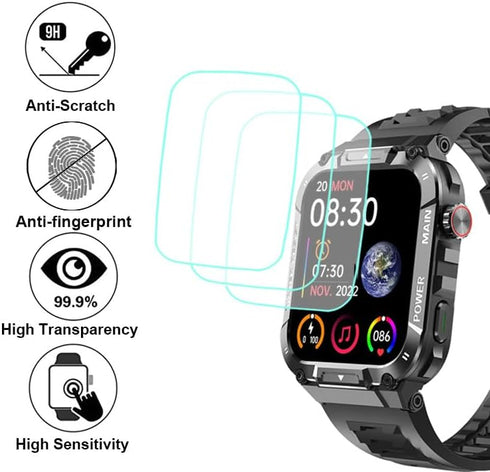 Tempered Glass Screen Protector Compatible with Hvlgmrc P66 1.96 inches Rugged Smart Watch, 3pcs, 9H...