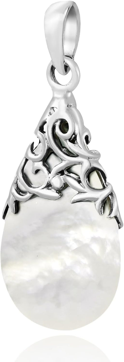 AeraVida Vintage Vine Adorned White Mother of Pearl Teardrop .925 Sterling Silver Pendant | DIY Pearl Pendant for Women | Teardrop Charm...