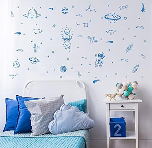 Outer Space Wall Stickers for Kids – Rockets, Stars, Planets and Galaxy Themed Decals – Educational and Decorative Vinyl for Boys Bedroom, Nursery...
