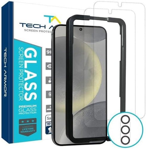 Tech Armor Samsung Galaxy S24 Screen Protector - 2 Pack, Ballistic Tempered Glass, Case-Friendly Design + Installation Tray with Bonus Lens Protec...