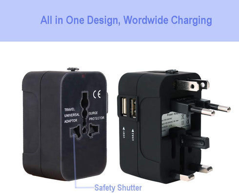Travel Adapter, Worldwide All in One International Power Adapter Universal Adapter Plug with 2.1A Dual USB Charging Ports for Asia Europe UK AUS a...