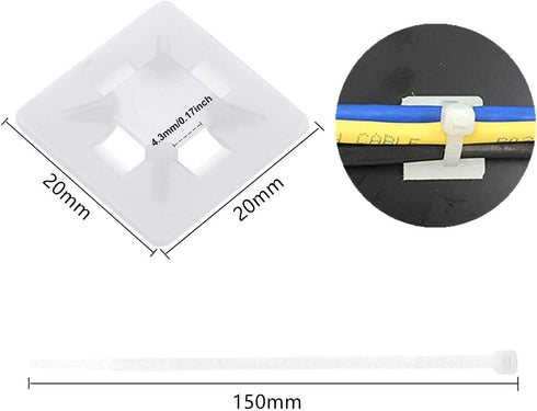 100 Pack Adhesive Cable Tie Mount Zip Ties Wraps 150mm x 3.6mm White Self Wire Tie Base Holder for Home Office Garage and Workshop...