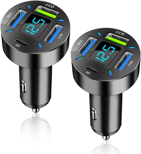 2Pcs Car Charger 66W Super Fast Charging with USB C&QC 3.0(Voltmeter&LED Lights) Universal Quick Charge for 12-24V Car Cigarette Lighter Plug,Comp...