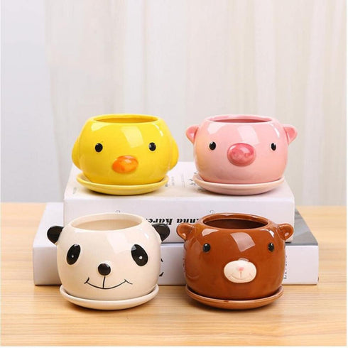 Cute Animal Shaped Ceramic Succulent Cactus Flower Pots with Tray (Plant Not Included) (Small, Duck)...