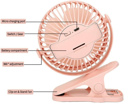 Mini Clip on Fan Battery Operated, 2500mAh 4 Inches Portable Personal Fan for Outdoors, Baby Stroller,Car Seat,Gym - Pink...