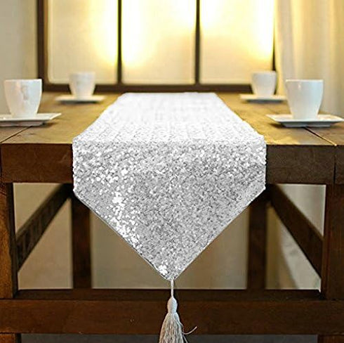 ShinyBeauty Sequin Tassel Table Runner Silver 12in x 90in Sequin Table Runners with Tassels Rustic Fall Table Runners for Home Decoration~1005E...