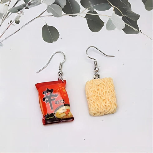 Mini Instant Noodle Dangle Earrings Small Resin Instant Noodle Food Drop Earrings Funny Food Asymmetrical Hook Earrings Artist Painter Jewelry...
