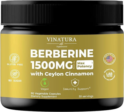 Berberine 1500mg with Ceylon Cinnamon - USA MADE & TESTED - Max Potency Berberine Supplement with Berberine HCL - Immune System - 90 capsules...