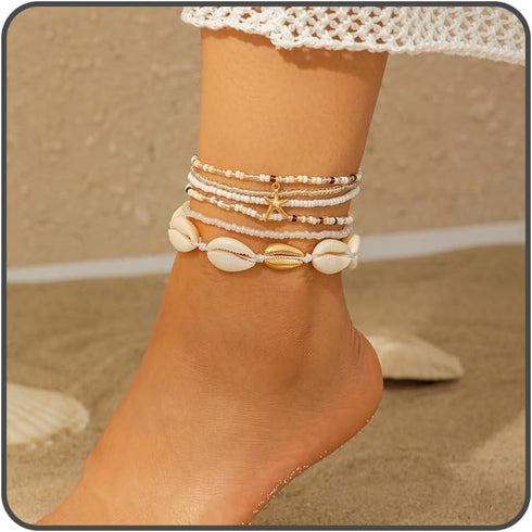 LIU JUN Boho Layered Shell Anklet Set, Gold Seashell Starfish Ankle Bracelets Beaded Foot Chain Beach Summer Foot Jewelry Accessories For Women Gi...