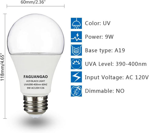 FAGUANGAO LED Black Light Bulb,9W(75Watt Equivalent) A19 UV Blacklight Bulb,120V,UVA Level 390-400nm,E26 Medium Base,Glow in The Dark for Blacklig...