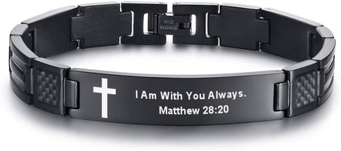 MEALGUET Stainless Steel Religous Scripture Quote Faith Christian Bible Verse Inspirational Cross Carbon Fiber Link Bracelet for Men...
