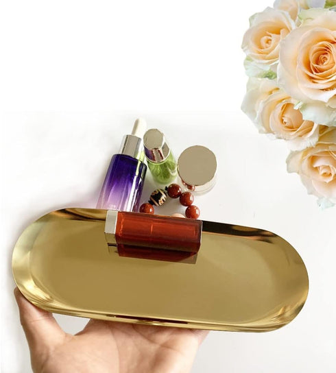 Gold Tray 2 Pack, Stainless Steel Decorative Gold Tray for Bathroom, Jewelry Tray Storage Towel Key Vanity Tray Ring Dish Cosmetics Organizer, for...