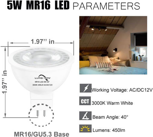 MR16 LED 12V Bipin Bulb 3000K Warm White 50W Halogen Replacement GU5.3 5W 450lm 40 Degree Flood Beam Angle for Landscape and Track Lighting 10-Pac...