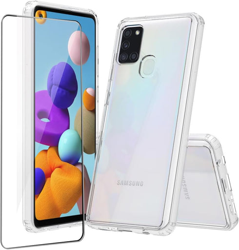 for Samsung Galaxy A21s Case Crystal Clear Slim Hard Case Hybrid Shockproof Bumper with Tempered Glass Screen Protector Full Body Anti-Yellow Anti...