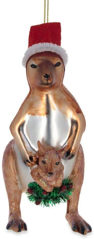 Santa Kangaroo Mom Carrying Baby in Pouch Blown Glass Christmas Ornament...