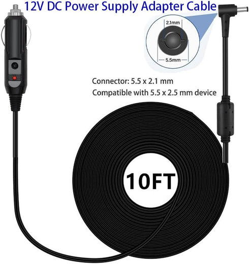 12V 24V DC Car Charger Auto Power Supply 20AWG Cable3M,DC 5.5mm x 2.1mm to Car Cigarette Lighter Male Plug Car Cigarette Lighter Cable for Car Ref...