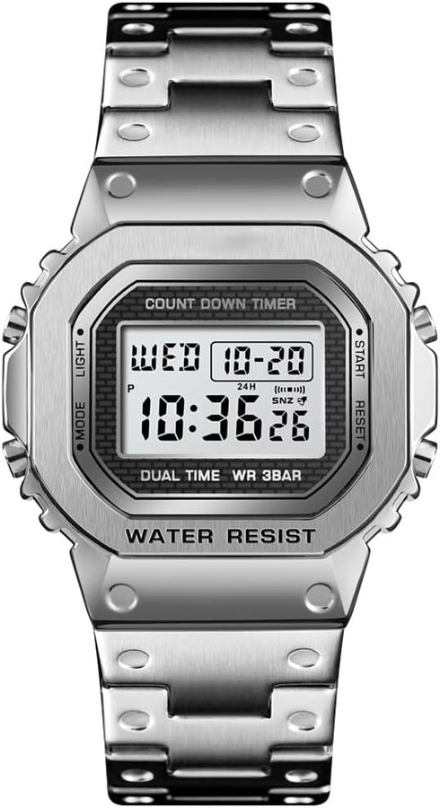 PASOY Men's Digital Multi-Function Watches Stainless Steel Square Case Dual Time Alarm Stopwatch Countdown Backlight Waterproof Watch...