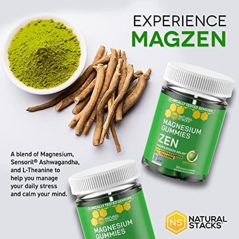 ZEN Magnesium Gummies - Premium Sensoril Ashwagandha Gummies w/L-Theanine - Magnesium Citrate Gummies for Calm & Stress Support - Magnesium Supple...