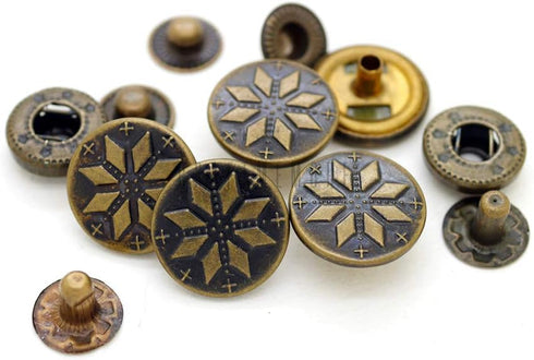 CRAFTMEMORE Antique Brass Snowflake Snap Fasteners S-Spring Popper Stud Closure Button for Jeans Jacket Leather Craft 10 Pack TL03 (17 mm)...