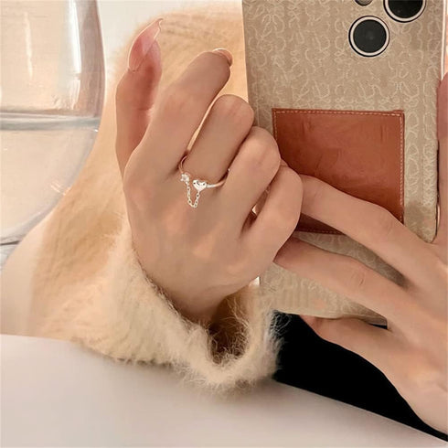 CZ Heart Eternity 925 Sterling Silver Ring for Women Girls Love Statement Engagement Promise Adjustable Open Band Diamond Chain Drop Dangle Rings ...