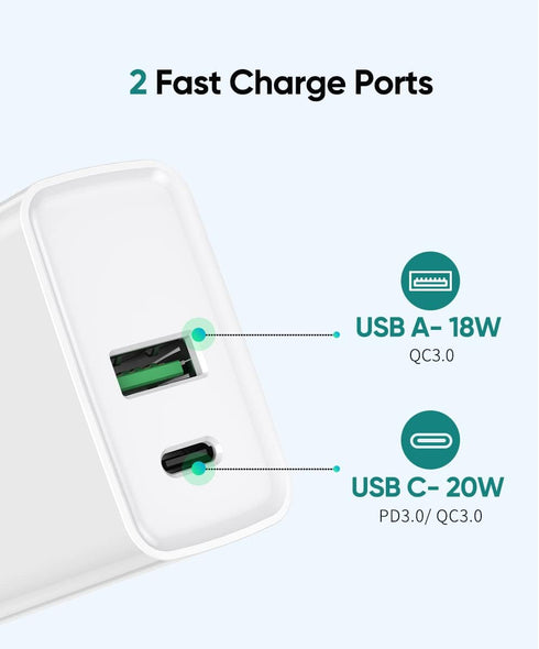 USB C Wall Charger PD 20W, Dual Port Power Delivery Fast Charge Block Plug Adapter Compatible with iPhone 15/14/13/12/11/Pro Max, XS/XR/X, AirPods...