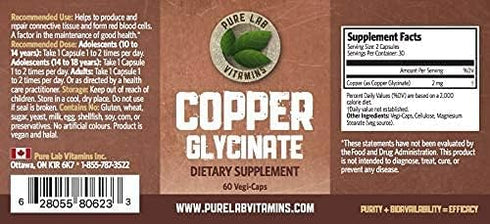 Copper Glycinate Mineral Supplement -1 mg - 60 Vegan Caps by Pure Lab Vitamins - Essential for Collagen Production, Supports Immune System & Red B...