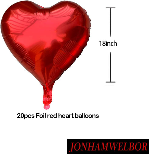Jonhamwelbor 20Pcs 18 inch Red Foil Mylar Heart Shape Balloons Decorations Valentines Birthday Wedding Baby Shower Party (Red)...