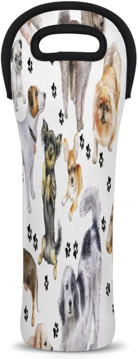 Pattern Animal Dog Wine Bag Neoprene Wine Tote Bags Leakproof Travel Wine Tote with Handle Reusable Cooler Bag for Camping Picnic Travel Wine Love...