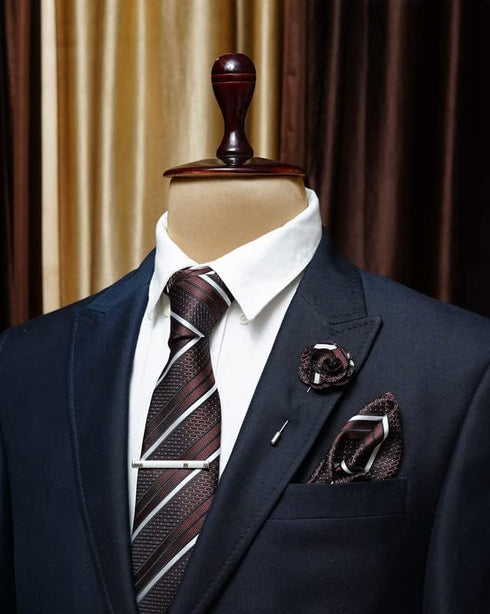 Brown Striped Ties For Men – Tie Set With Pocket Square Cufflinks Tie Clip Bar & Flower Brooch Pin For Mens (Pack of 5) (AXTS64)...