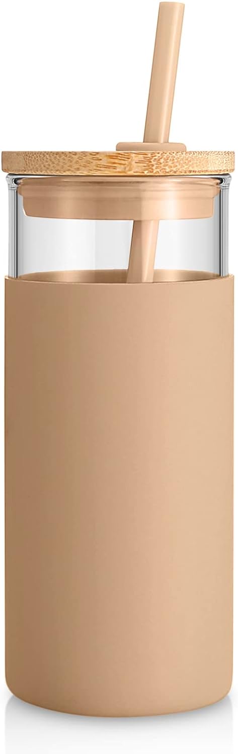 Tronco 20 oz Glass Tumbler with Lid & Straw - Iced Coffee Cup & Smoothie Cup With Silicone Sleeve | BPA-Free, Dishwasher Safe | Reusable Glass Cup...
