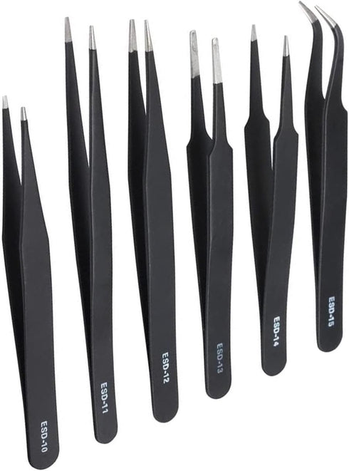 6PCS Tweezers Set Blunt Tip Anti-Static Curved of Tweezers ESD Electronics Laboratory Work Jewelry-Making Craft, Soldering Multiple Usage...