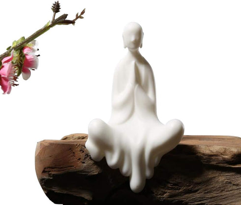 Kingzhuo White Ceramic Cute Sitting Buddha Statue Beautiful Sculpture Praying Hands Meditation Monk Figurine Peaceful Little Statue Home Decor Orn...