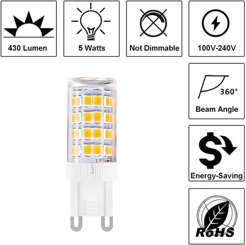G9 LED Light Bulbs, 5W(40W Halogen Equivalent), 100V-240V, 430LM, Warm White 3000K, G9 Base Non-Dimmable Light Bulbs for Home Lighting,12-Pack...