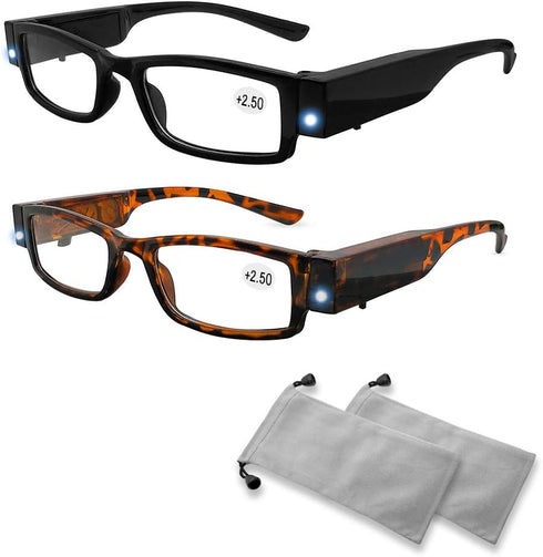 2 Pcs Reading Glasses with Lights Led Readers Fashion Glasses for Reading for Men Women Lighted Magnifier Nighttime Reader Compact Full Frame Eyew...