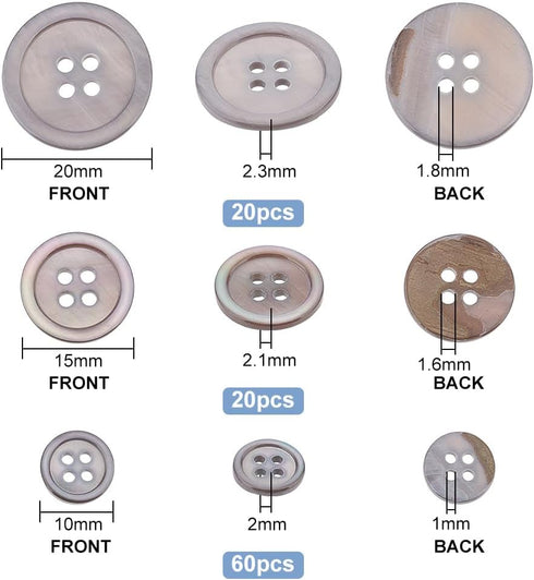 PH PandaHall 100pcs Natural Shell Buttons, 4-Hole Sewing Buttons 10/15/20mm Round Shell Buttons Grey Craft Seashell Buttons for Cloth Coats Suits ...