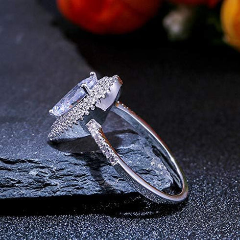 FAONIE White Gold Plated Teardrop Halo Pear Cut Cubic Zirconia CZ Engagement Wedding Ring For Women (9)...