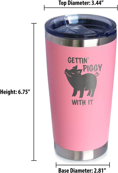 Bevvee Gettin Piggy - Insulated Coffee Tumbler Cup with Sliding Lid - Stainless Steel Insulated Mug - Pig Themed Coffee Gifts - Pink...