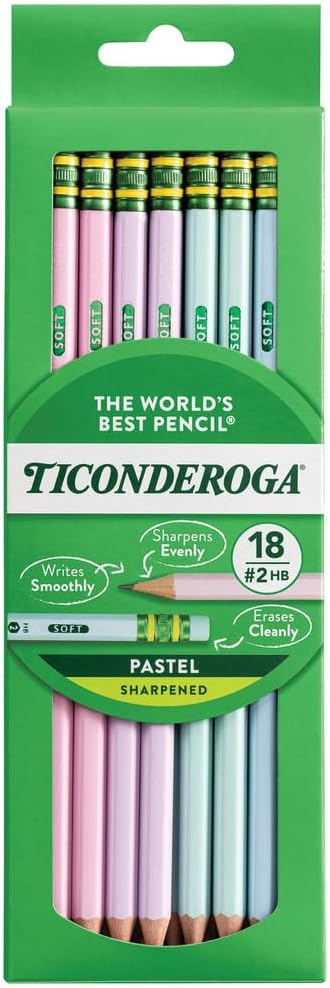 Ticonderoga Wood-Cased Pencils, Pre-Sharpened, 2 HB Soft, Pastel Colors, 18 Count...