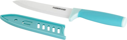 Farberware Ceramic Chef Knife with Custom-Fit Blade Cover, Razor-Sharp Kitchen Knife with Ergonomic, Soft-Grip Handle, Dishwasher-Safe, 6-inch, Aq...