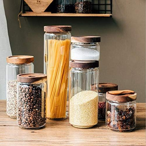 1PCS 450G/15oz Empty Clear Glass Canister Home Kitchen Food Storage Container Jars Pots With Airtight Wood Lids Food Organizer Vial Dispenser for ...