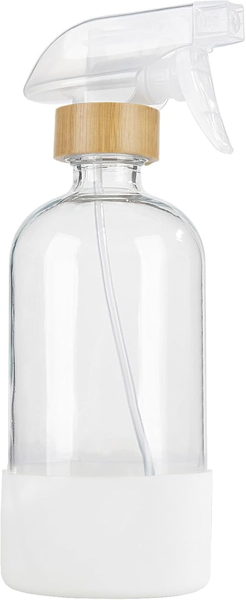 HOMBYS Empty Bamboo Glass Spray Bottles with Silicone Sleeve Protection - Refillable 17 oz Clear Glass Containers for Cleaning Solutions, Essentia...