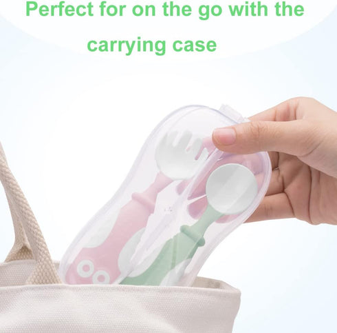 Bendable Baby Spoon Fork Set with Travel Case Feeding Training Toddler Utensils BPA Free Easy Grip Kids Tableware (Blue)...