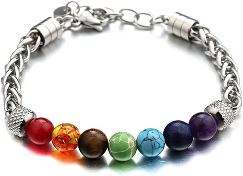 LIU JUN 7 Chakra Bracelet For Men, 8MM Natural Stone Pineapple Beads Stainless Steel Adjustable Silver Cuban Link Chain Handmade Power Healing Gif...