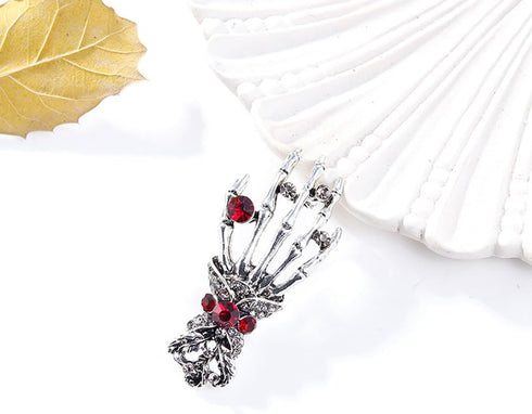 Vintage Skeleton Hand Lapel Brooch Pin for Women Men Girls Rhinestone Red Crystal Skull Halloween Pins Clip Sweater Dress Suit Backpack Brooches P...